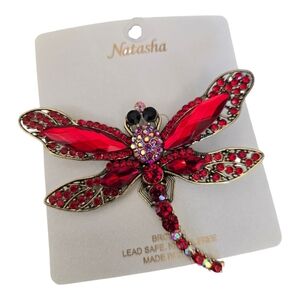 Natasha Red Dragon Fly Rhinestone Statement Brooch Insect Pin Fashion